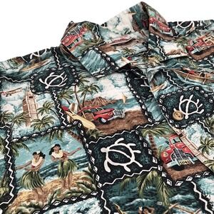 VTG Evergreen Island Hawaiian Shirt‎ Mens L Hula Girls Aloha Boat Colorful Camp